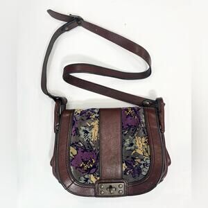 Fossil 1954 Vintage Floral Velvet Leather Satchel Purse Shoulder Bag Crossbody